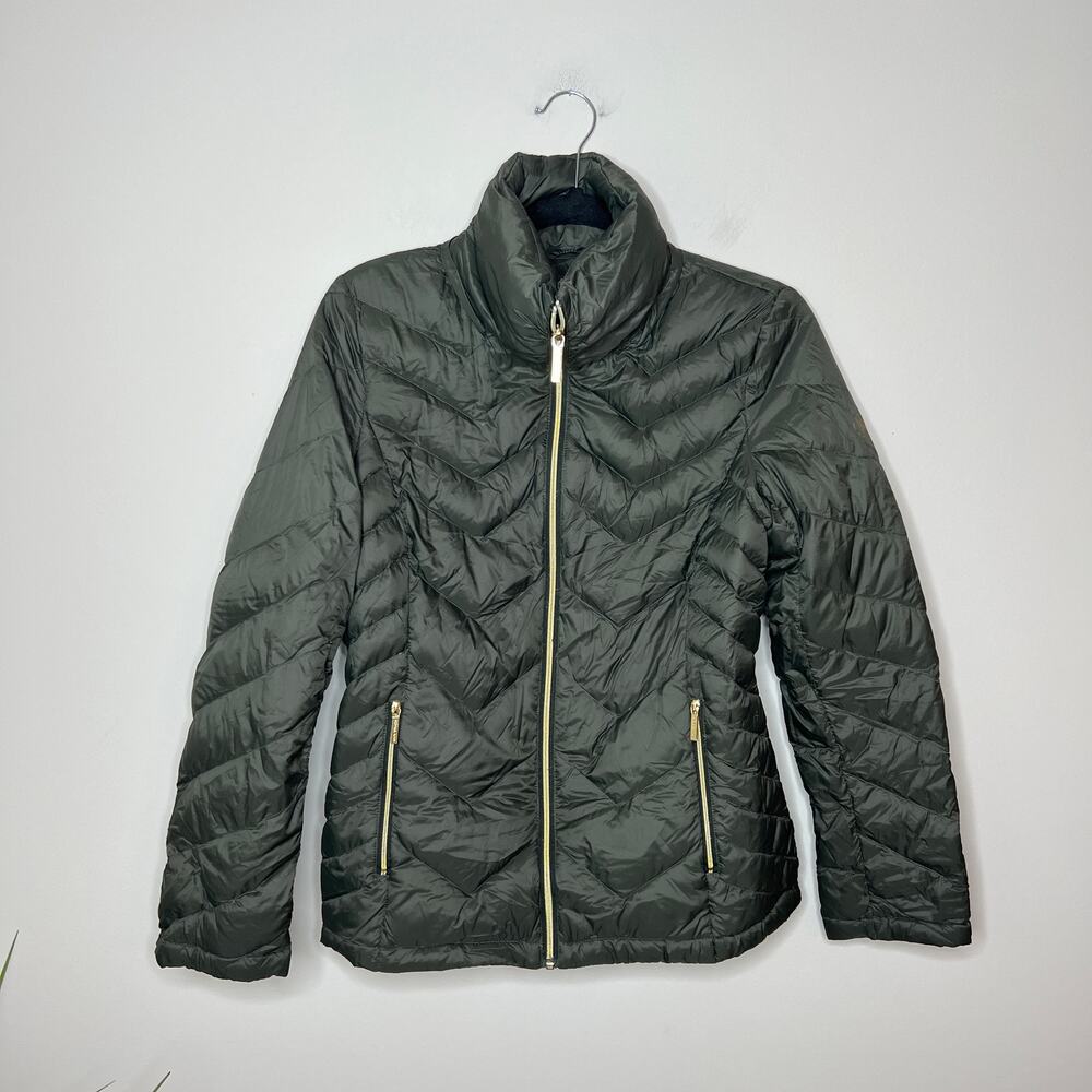 Michael Kors Down-Filled Puffer Jacket Packable Winter Coat Gold Zippers Size S